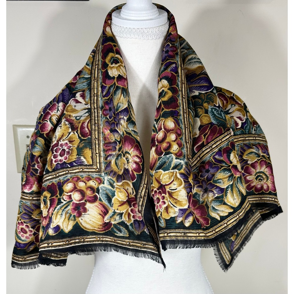 ECHO Club 7 Floral Scarf Multi‎ Color 100% Wool Fringed Japan Chic Old Money